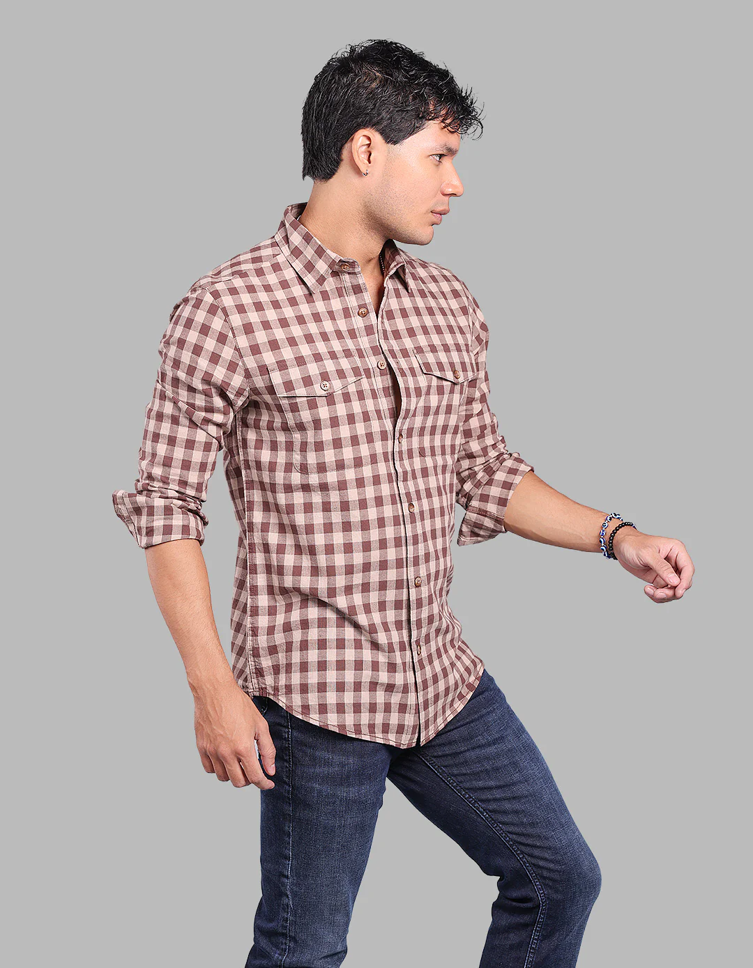 Brown 100% Cotton Full Sleeve Check Shirt - Image 5