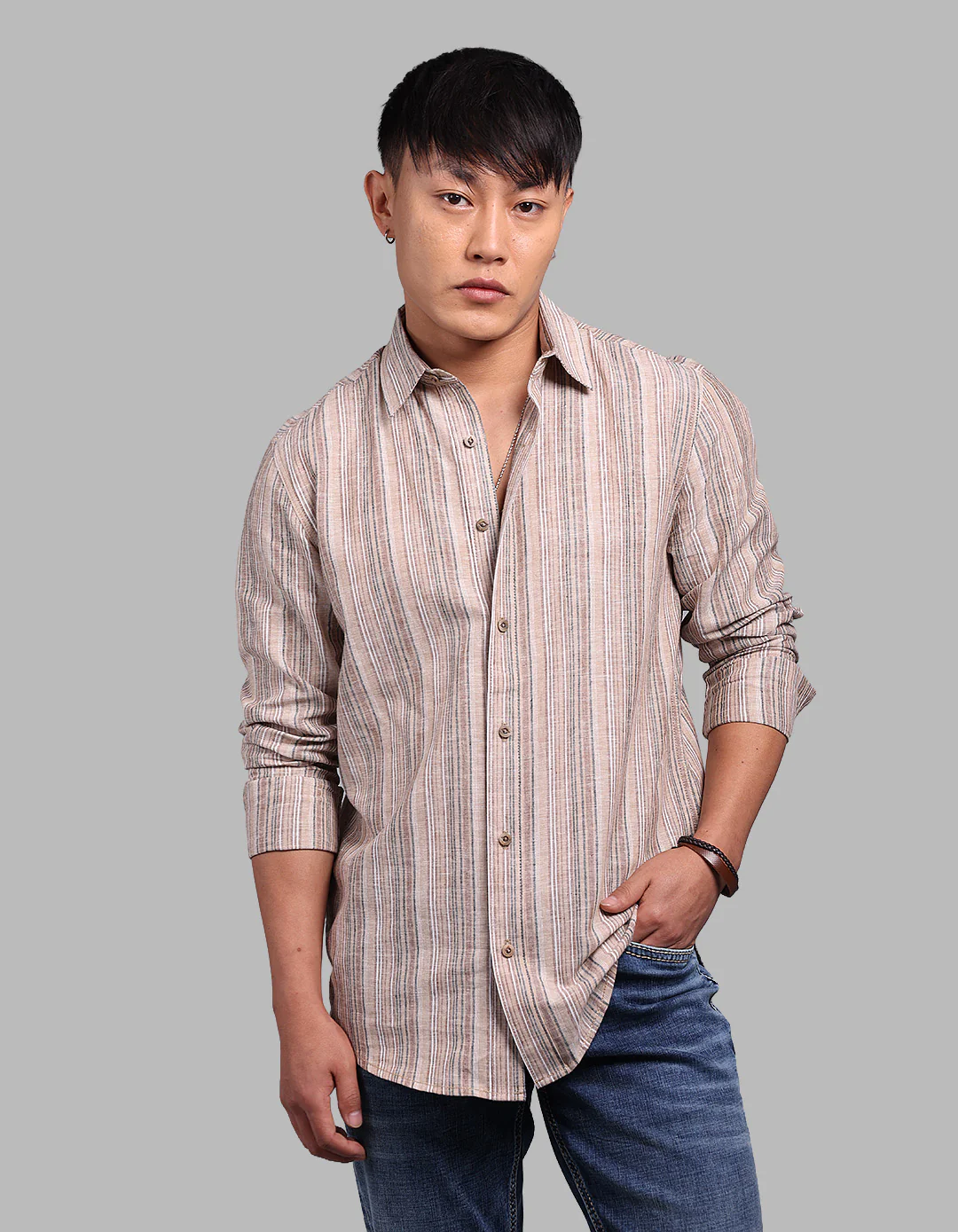 Brown Full Sleeve Linen Blend Stripe Shirt
