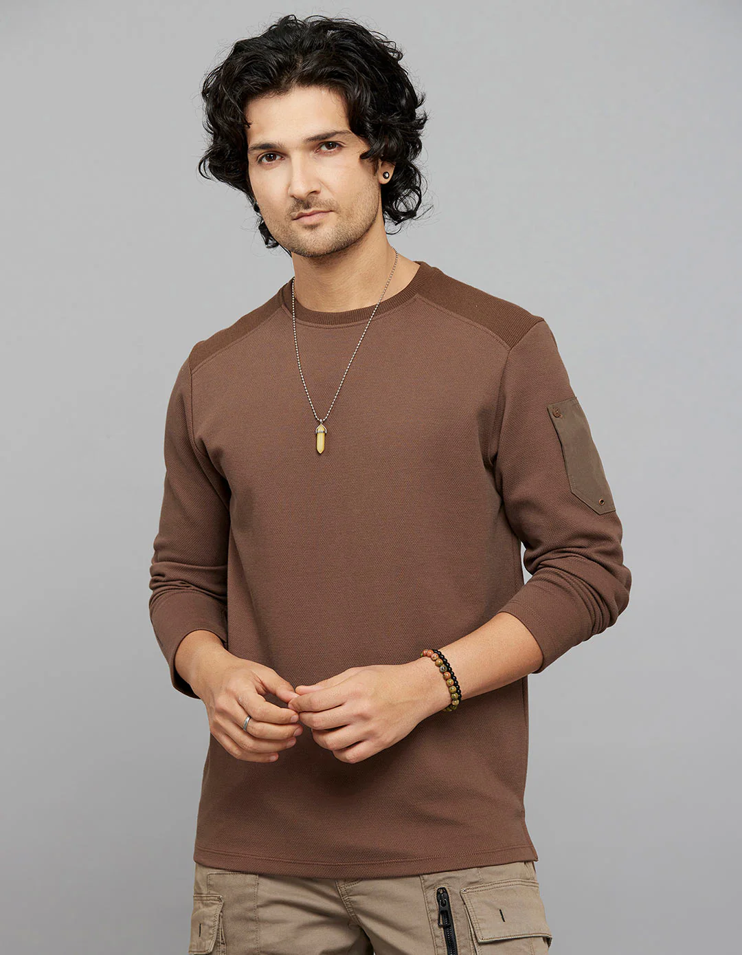 Brown Full Sleeves Round Neck Tee