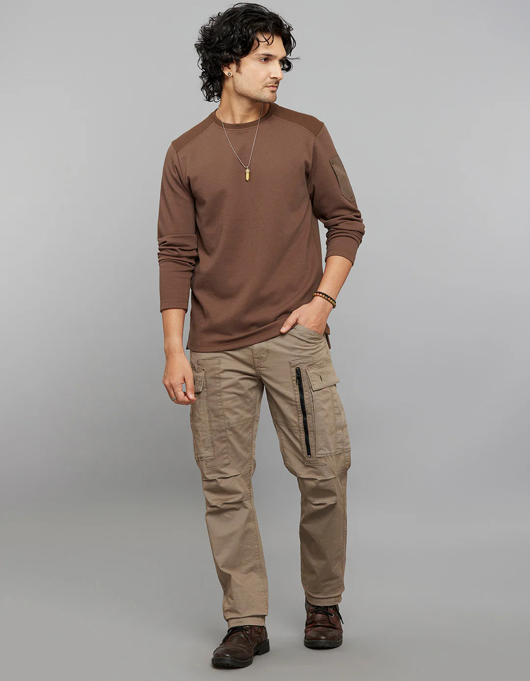Brown Full Sleeves Round Neck Tee - Image 2
