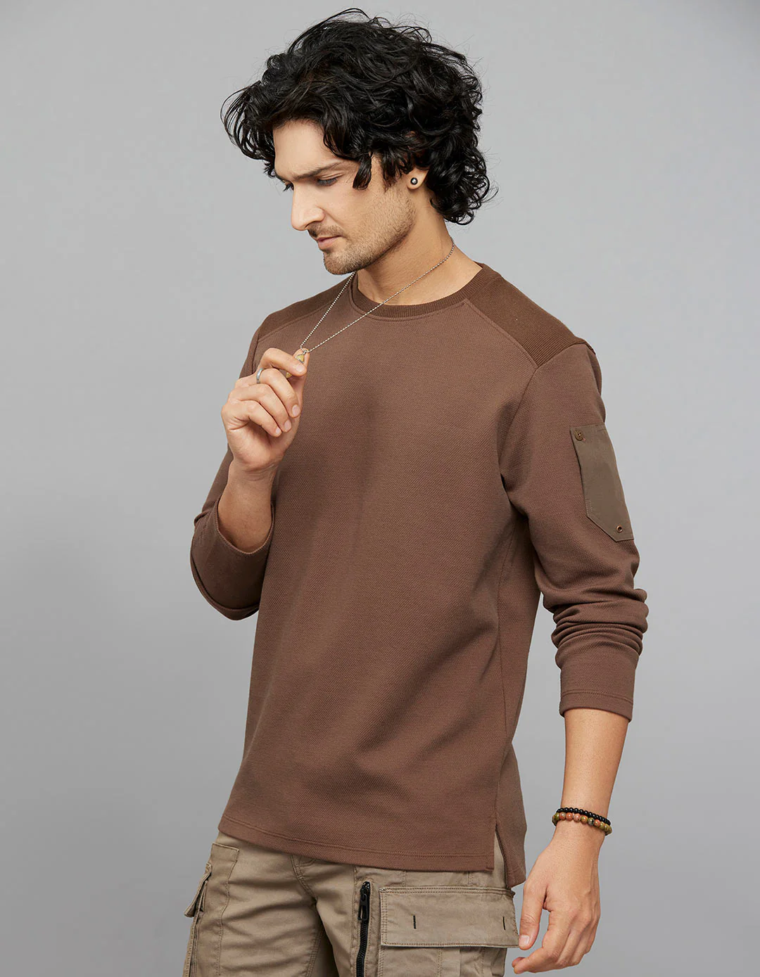 Brown Full Sleeves Round Neck Tee - Image 3