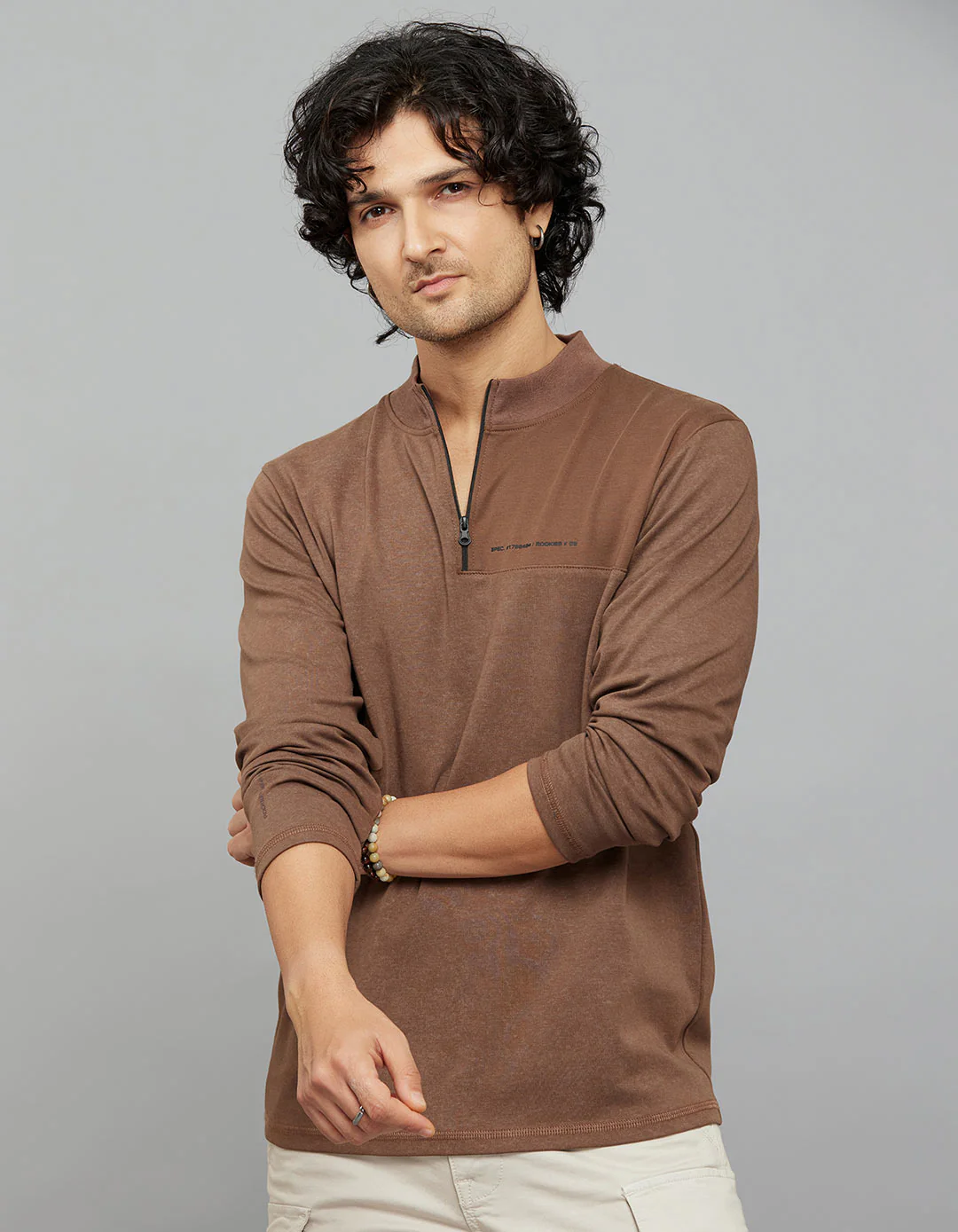 Brown Full Sleeves Zipper Neck Tee