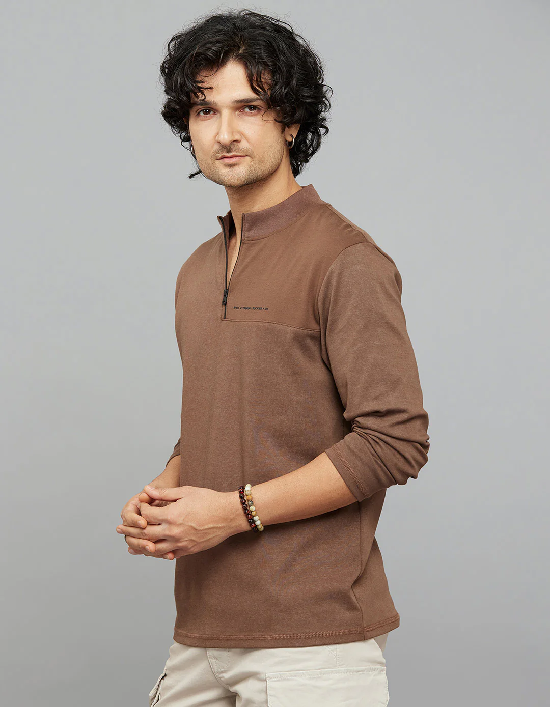 Brown Full Sleeves Zipper Neck Tee - Image 3