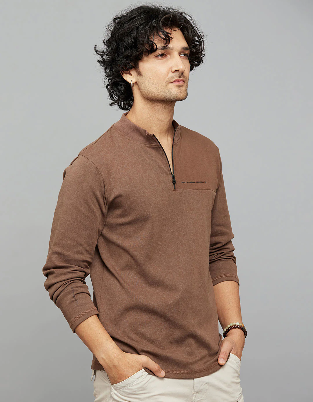 Brown Full Sleeves Zipper Neck Tee - Image 4