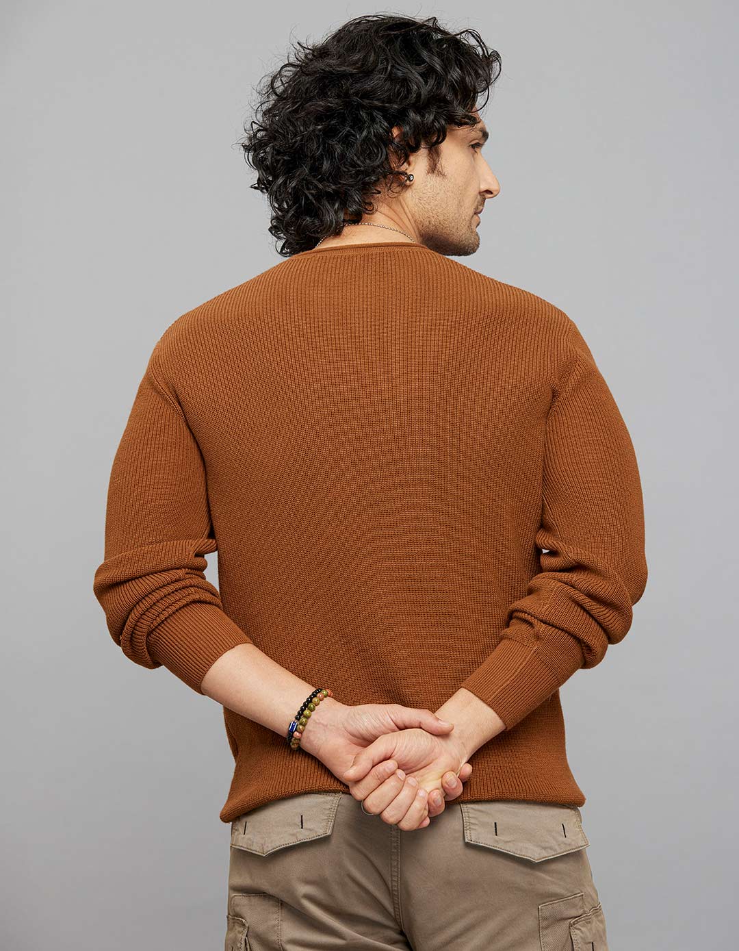 Brown Round Neck Full Sleeves Flatknit - Image 6
