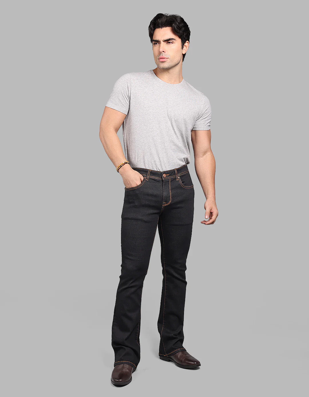 Charcoal Mid Rise Cropped Length Loose Boot Leg Stretch Jeans - Image 4