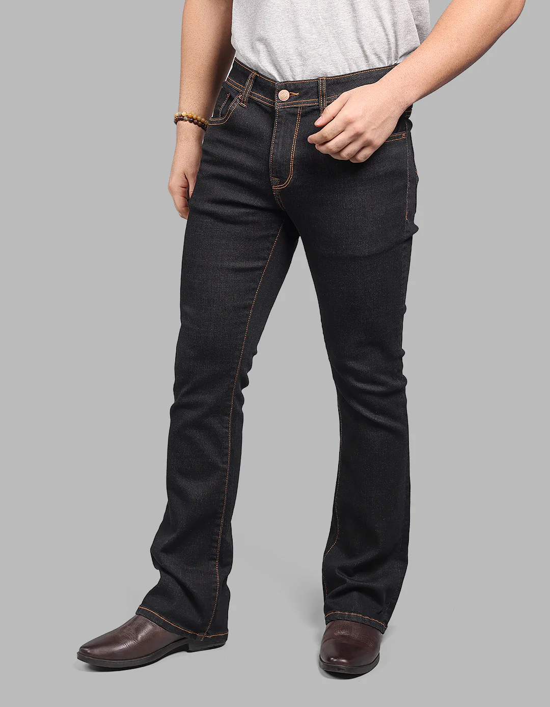 Charcoal Mid Rise Cropped Length Loose Boot Leg Stretch Jeans - Image 5