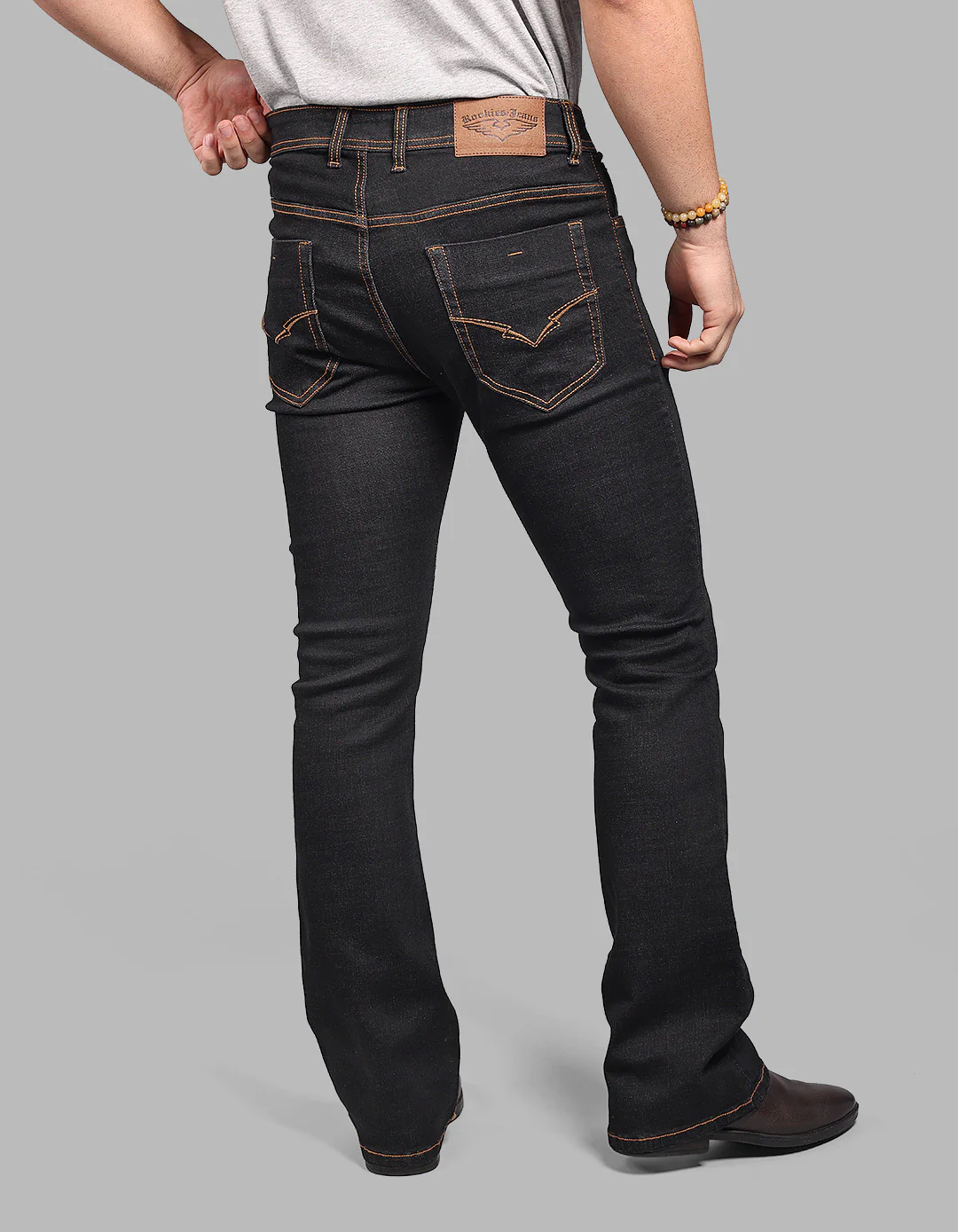 Charcoal Mid Rise Cropped Length Loose Boot Leg Stretch Jeans - Image 7