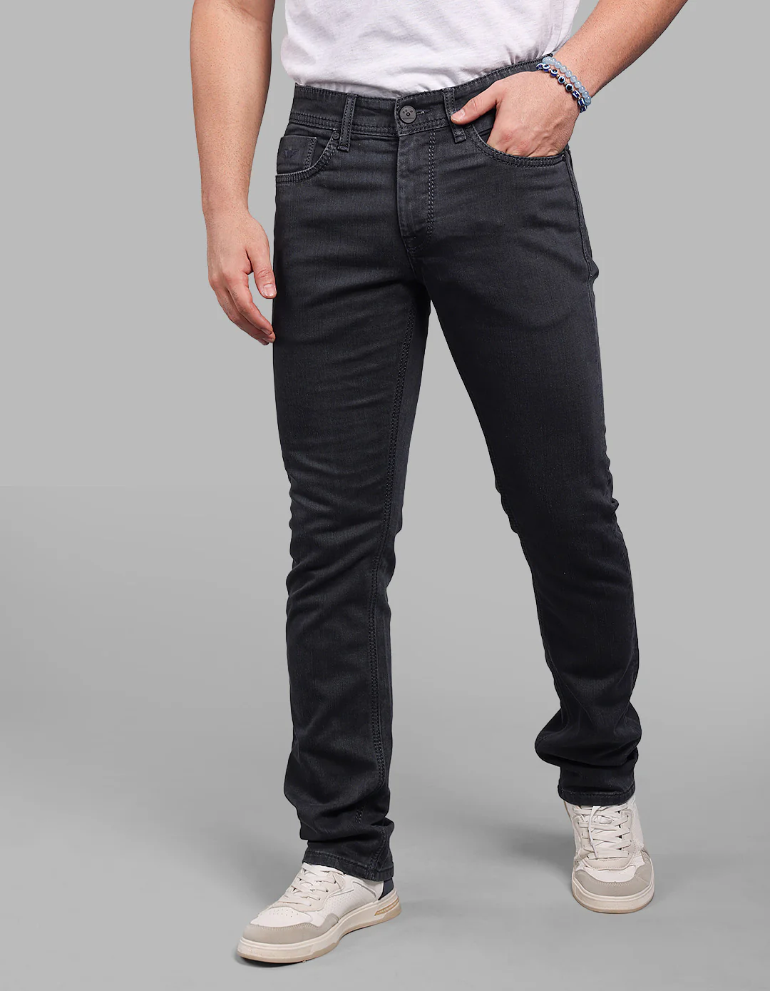 Charcoal Grey Mid-Rise Slim Straight Fit Stretch Jeans