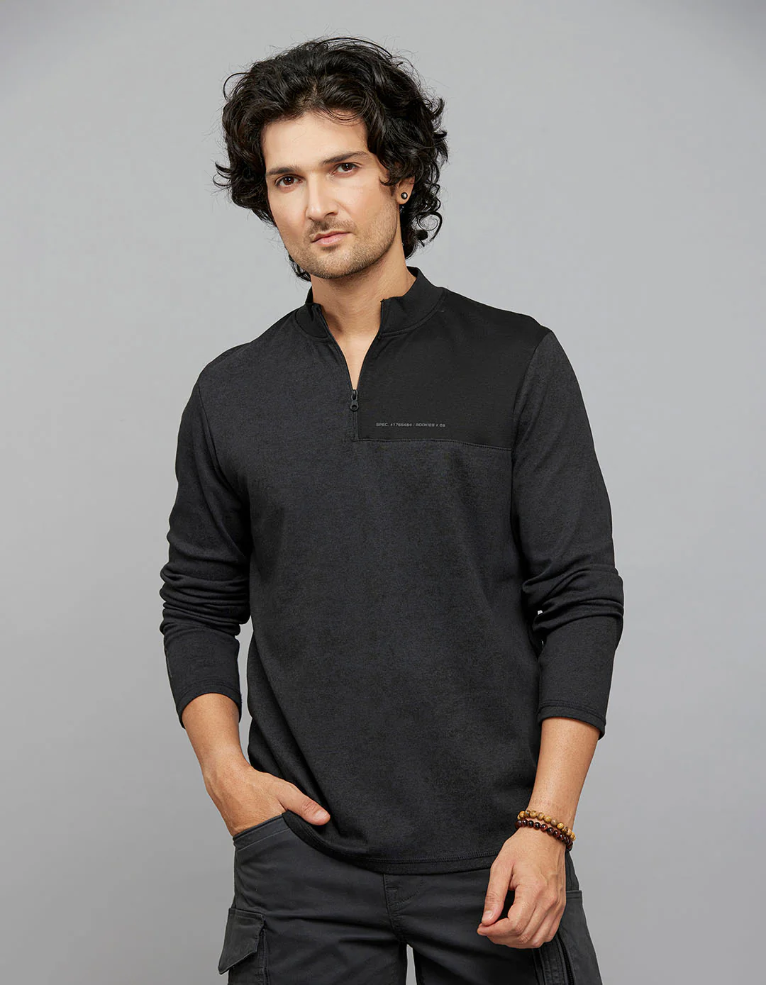 Charcoal Full Sleeves Zipper Neck Tee