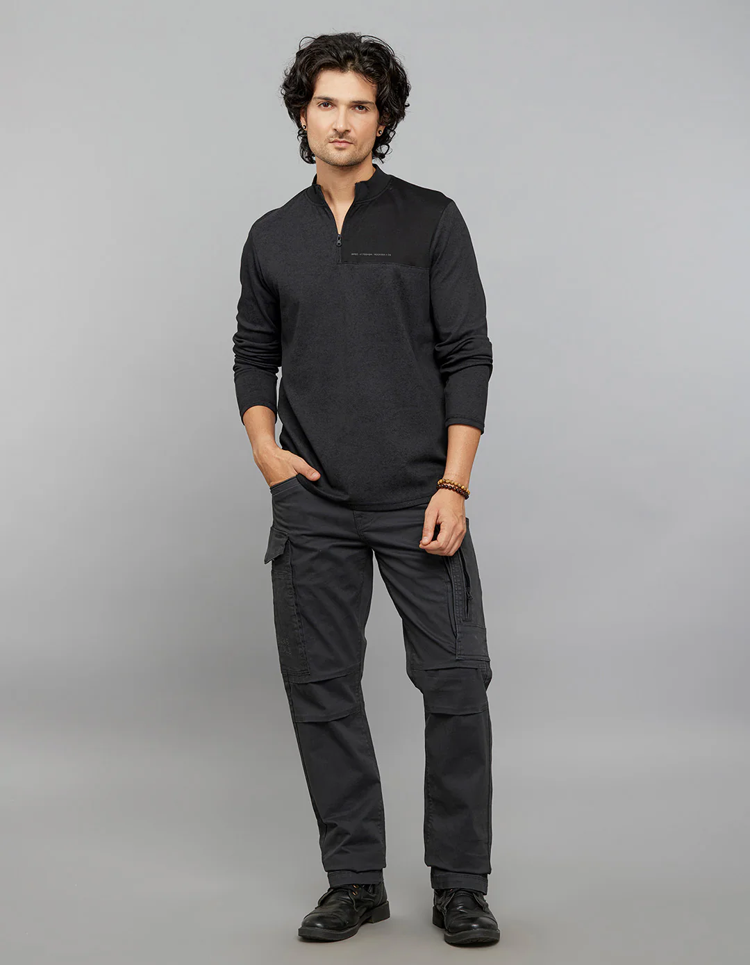 Charcoal Full Sleeves Zipper Neck Tee - Image 2