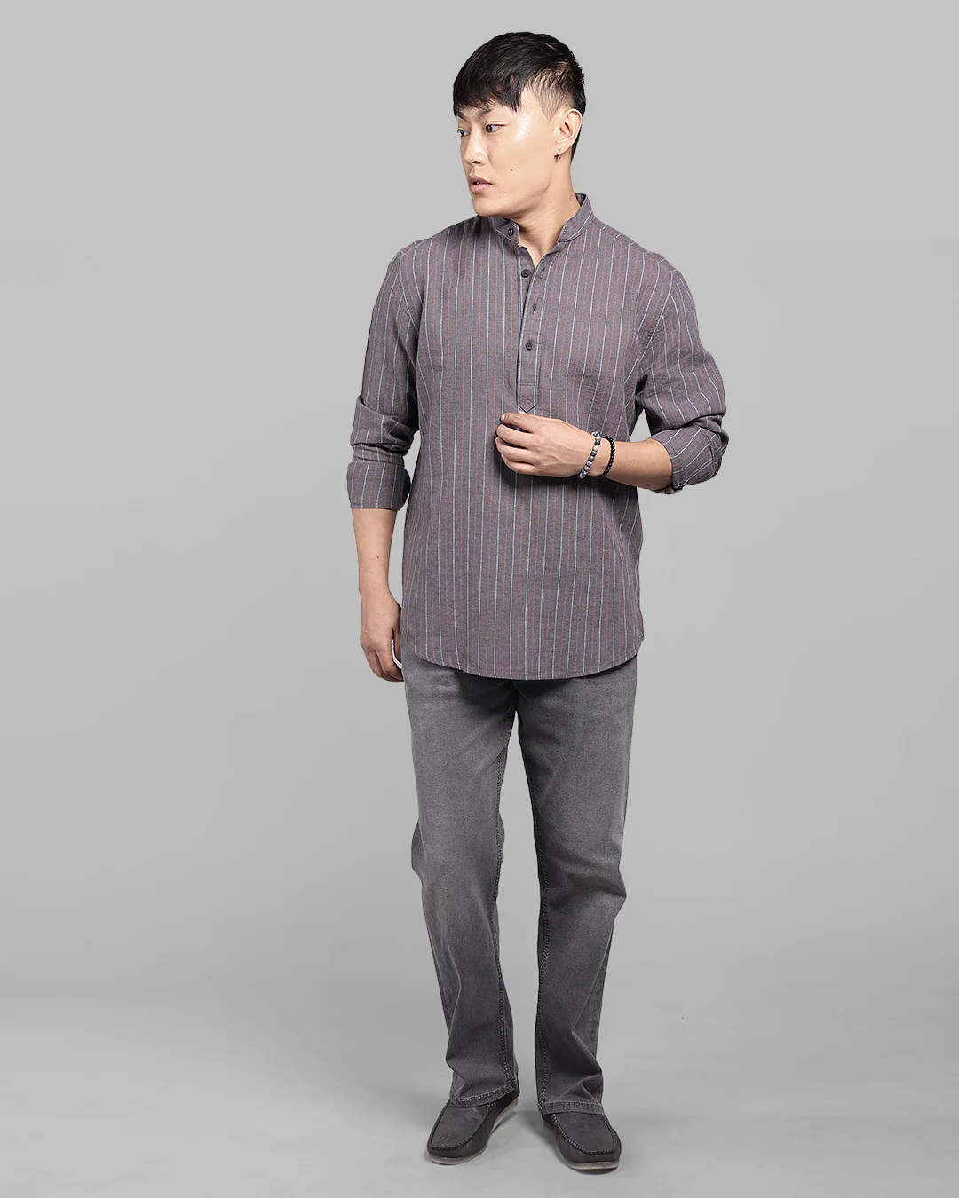 Charcoal Relax Slim Fit Linen Blend Stripe Short Kurta - Image 3