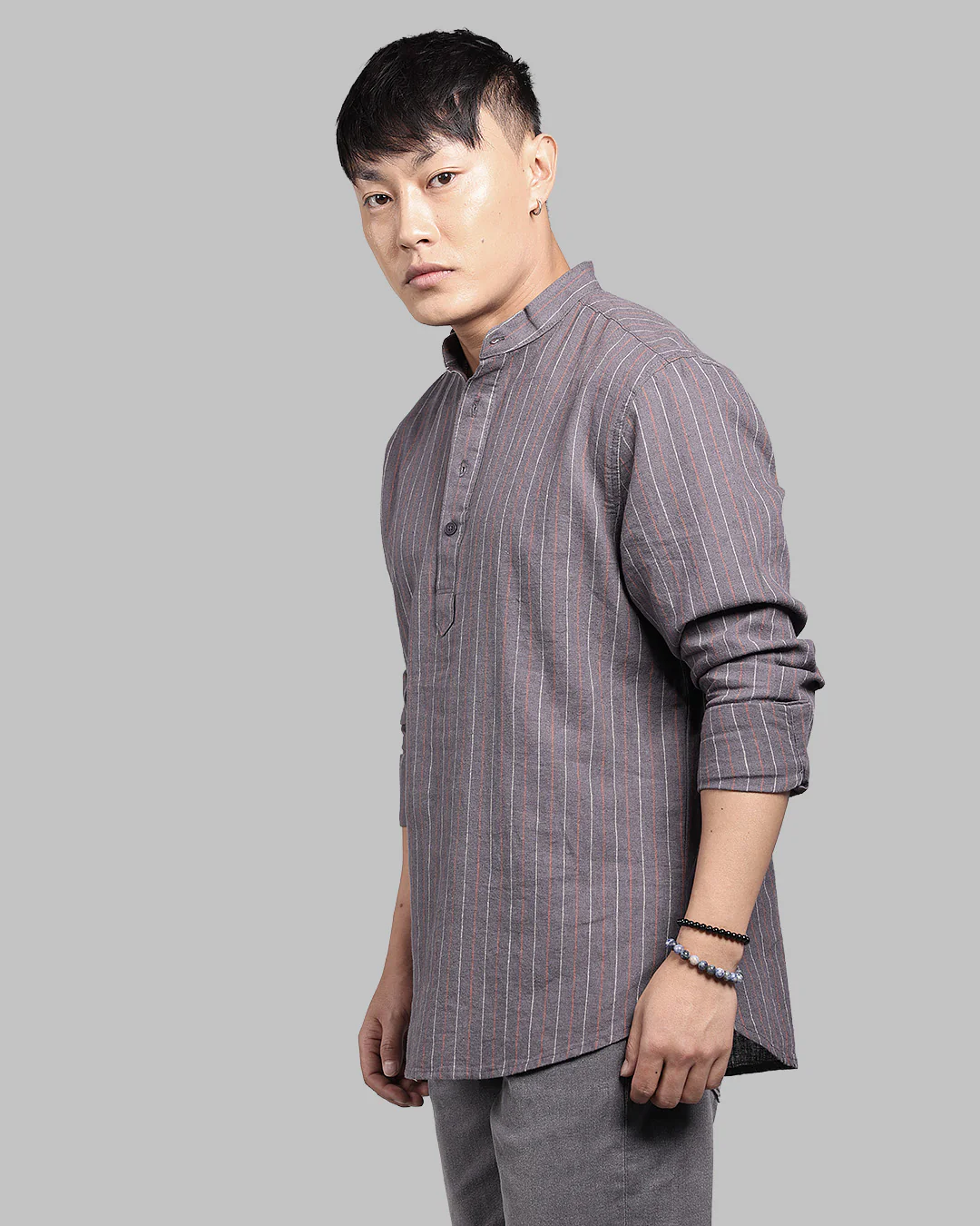 Charcoal Relax Slim Fit Linen Blend Stripe Short Kurta - Image 4