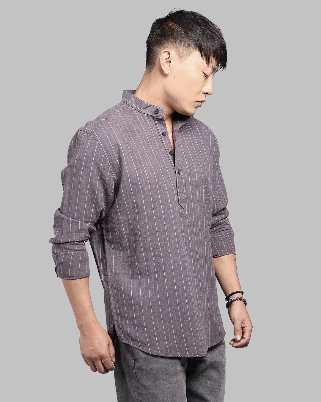 Charcoal Relax Slim Fit Linen Blend Stripe Short Kurta - Image 5