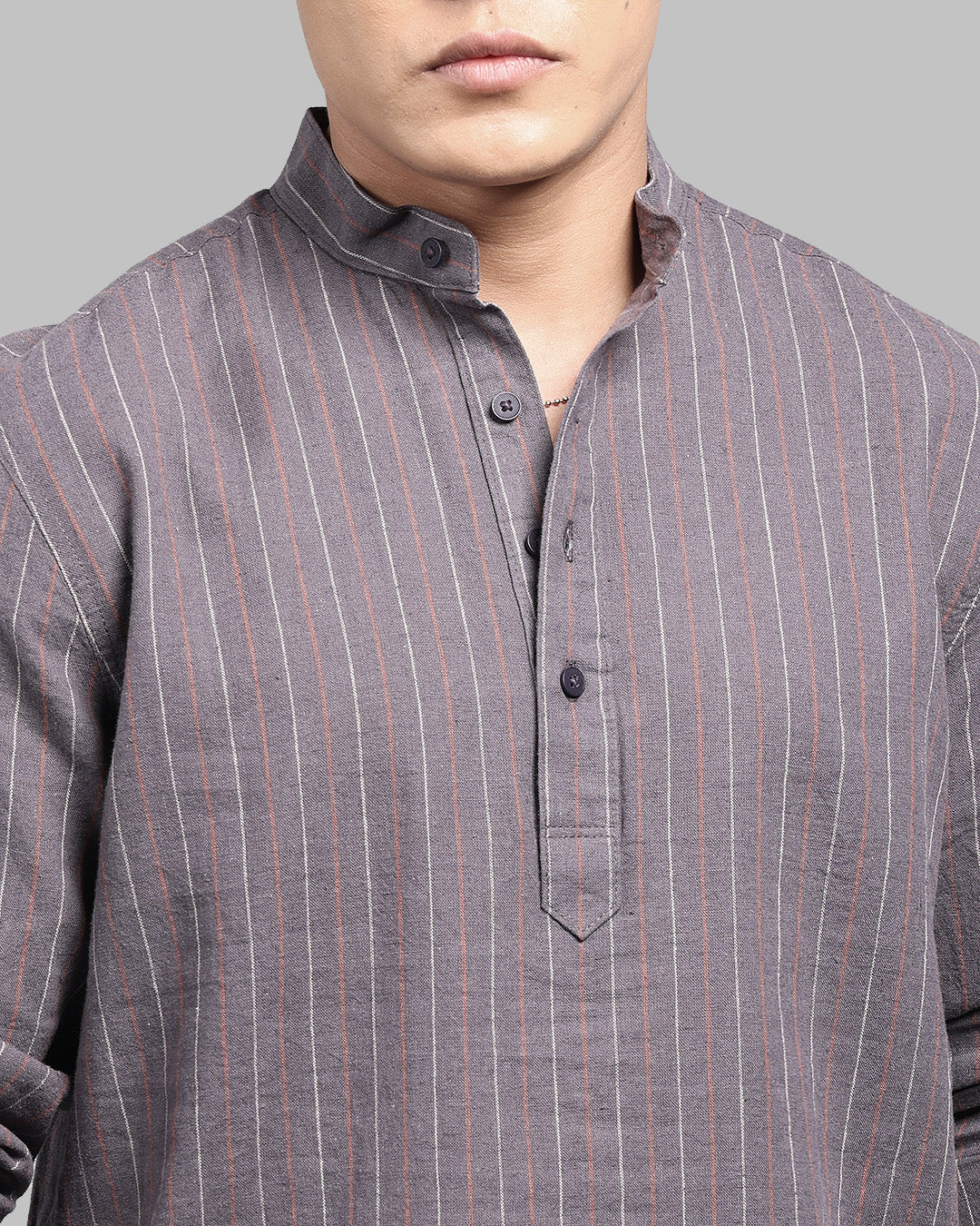 Charcoal Relax Slim Fit Linen Blend Stripe Short Kurta - Image 7