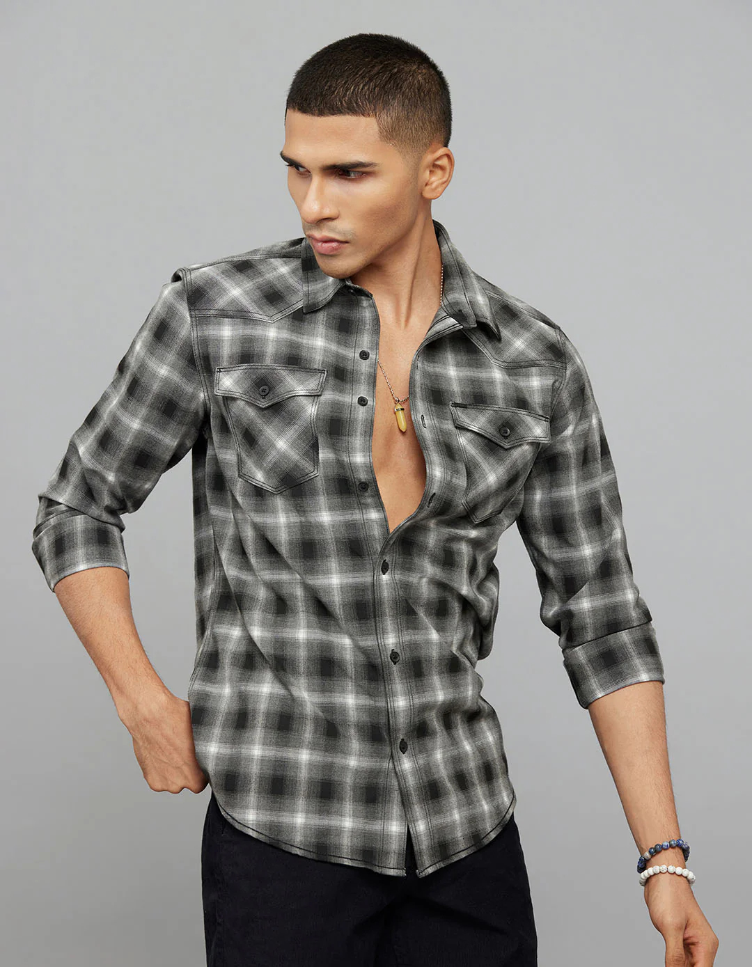 Charcoal White Full Sleeves Check Shirt - Image 3