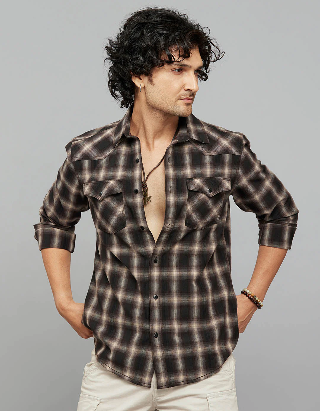 Coffee Beige Full Sleeves Check Shirt