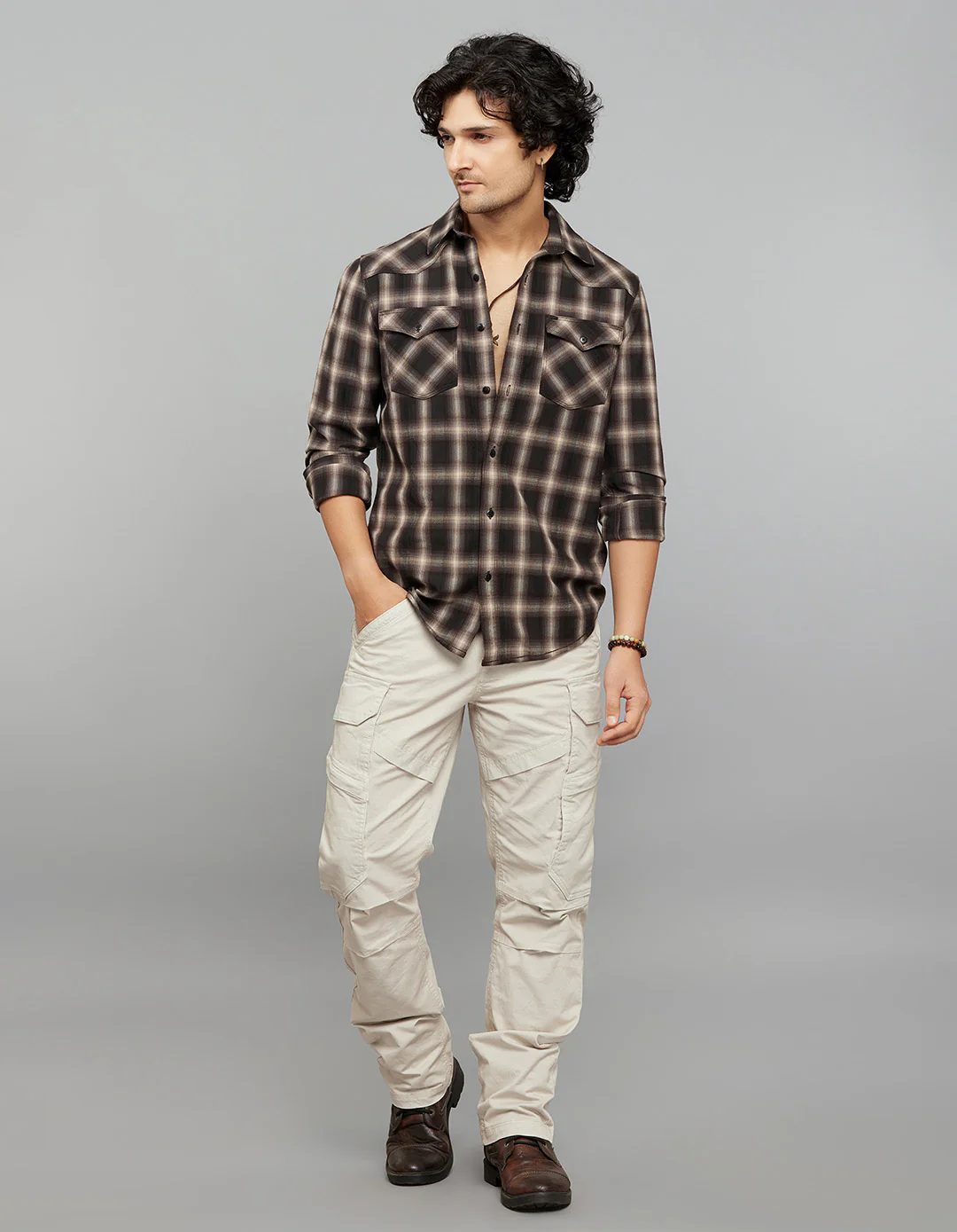 Coffee Beige Full Sleeves Check Shirt - Image 2