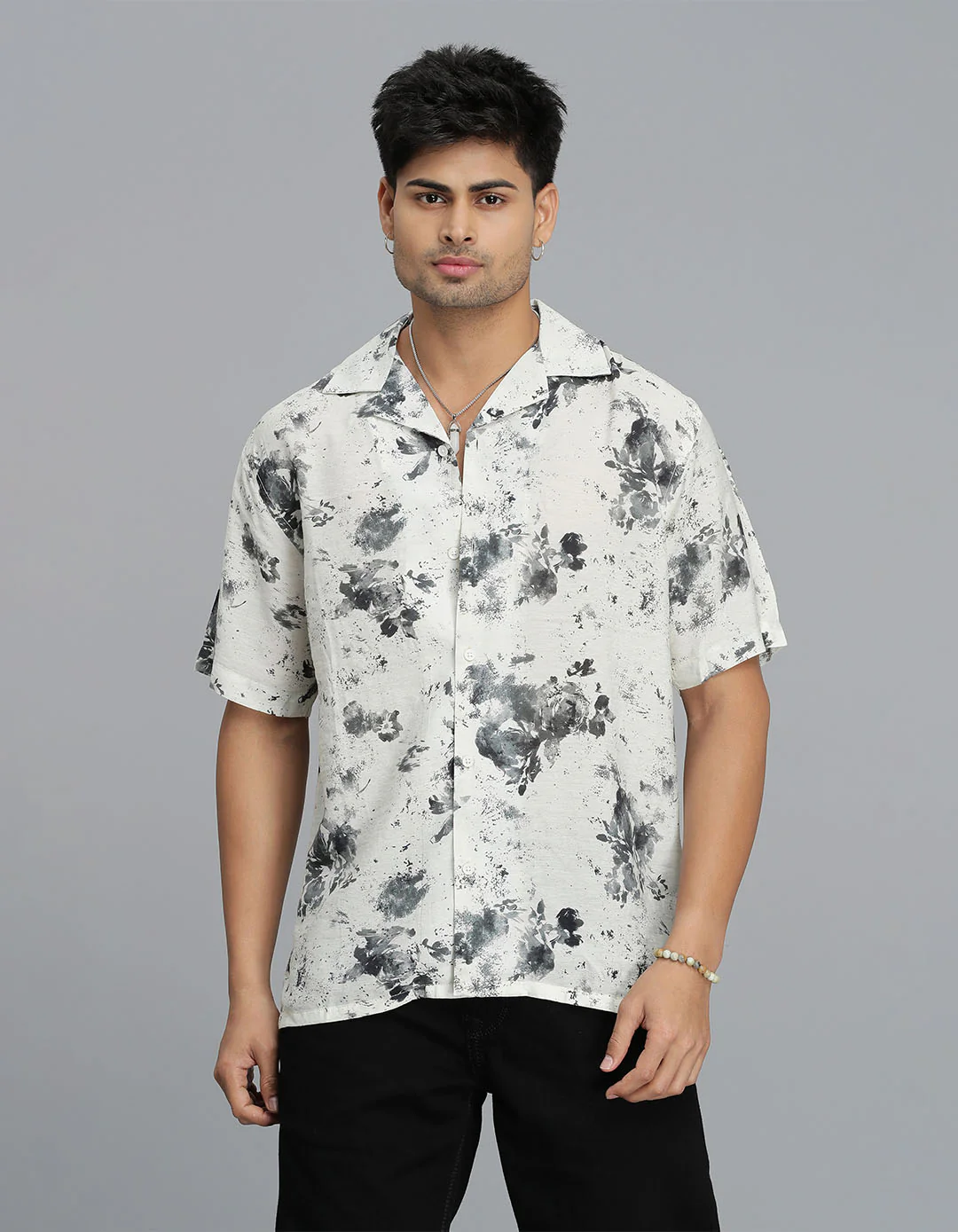 Cream B Green Half Sleeves Printed Shirt