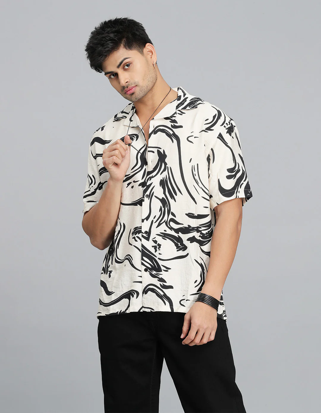 Cream Black Half Sleeves Printed Shirt