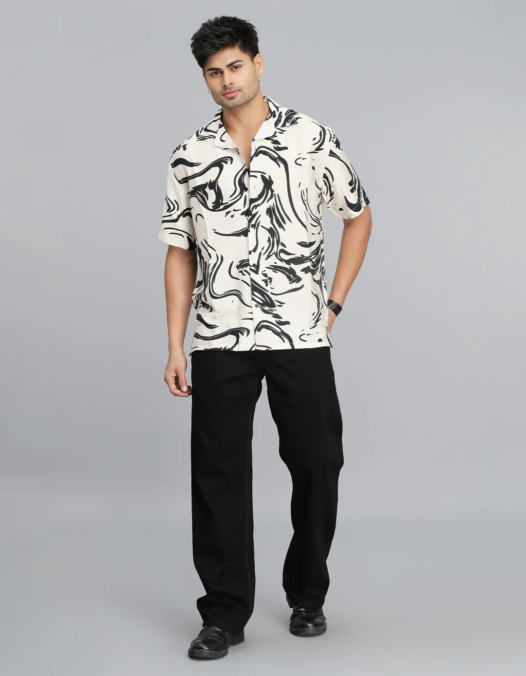 Cream Black Half Sleeves Printed Shirt - Image 2