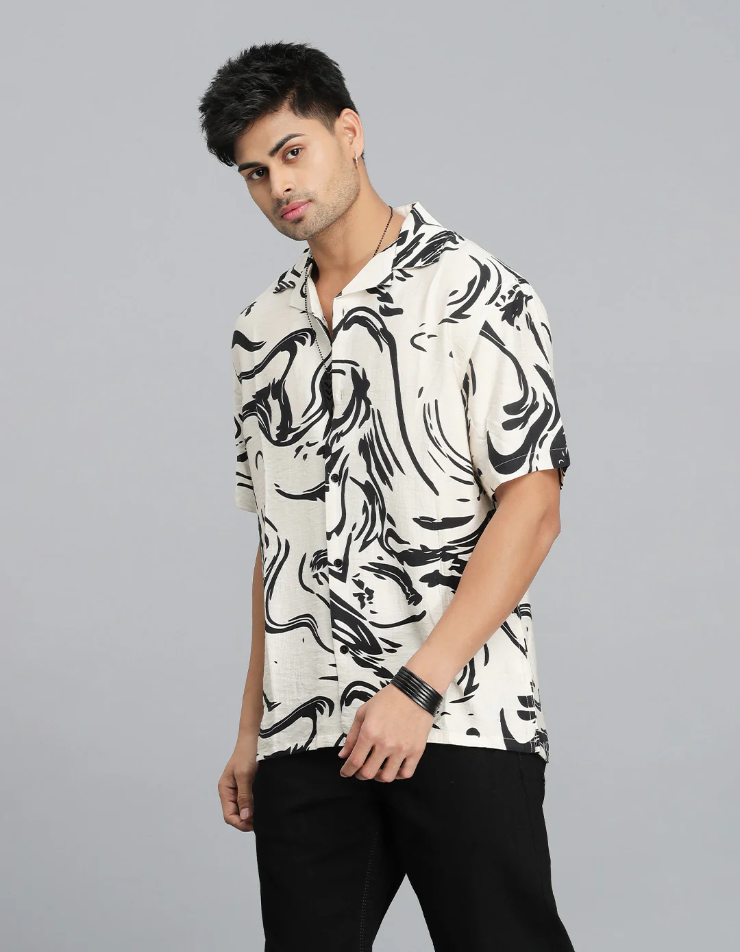 Cream Black Half Sleeves Printed Shirt - Image 3