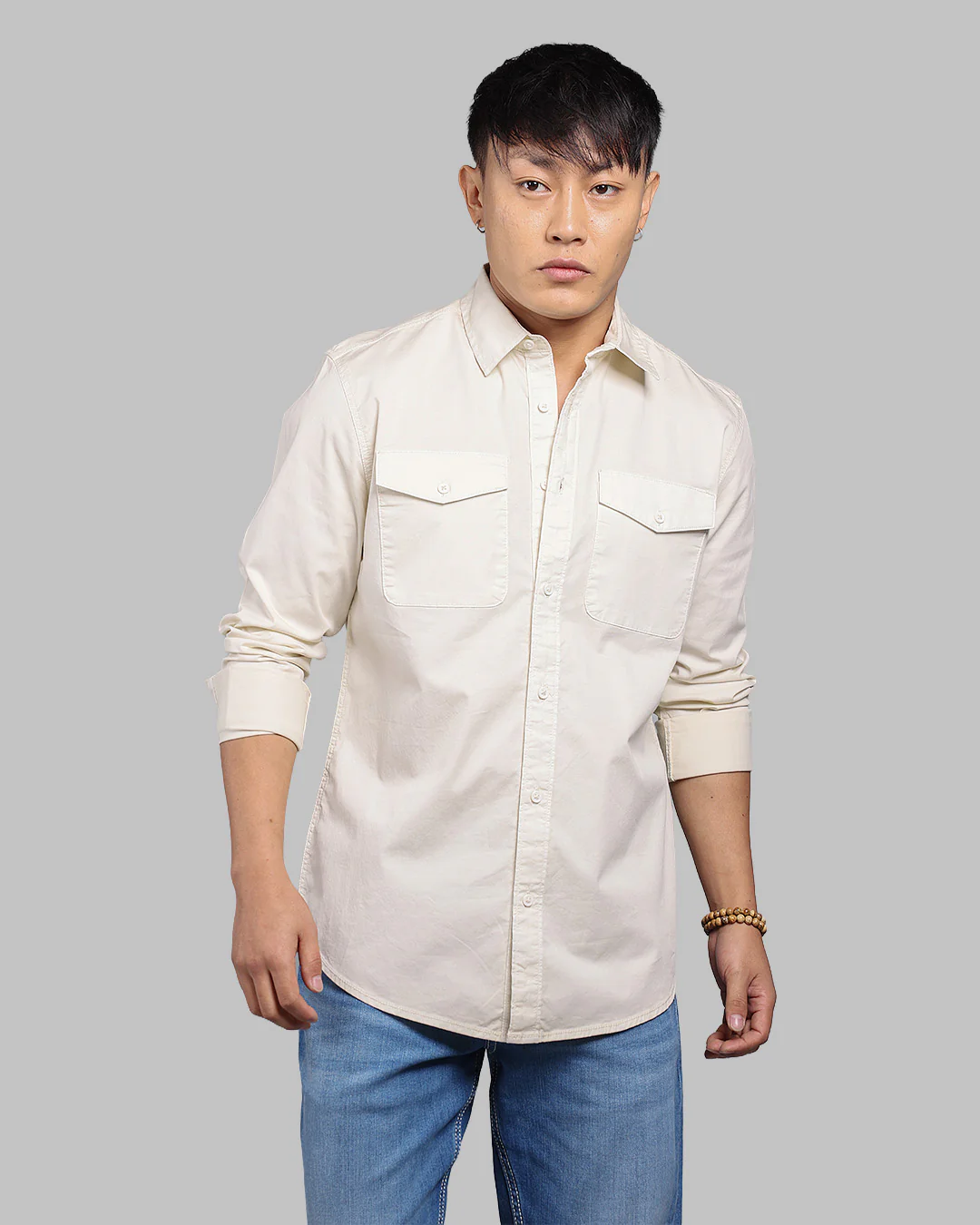 Cream Full Sleeve Stretch Cargo Shirt