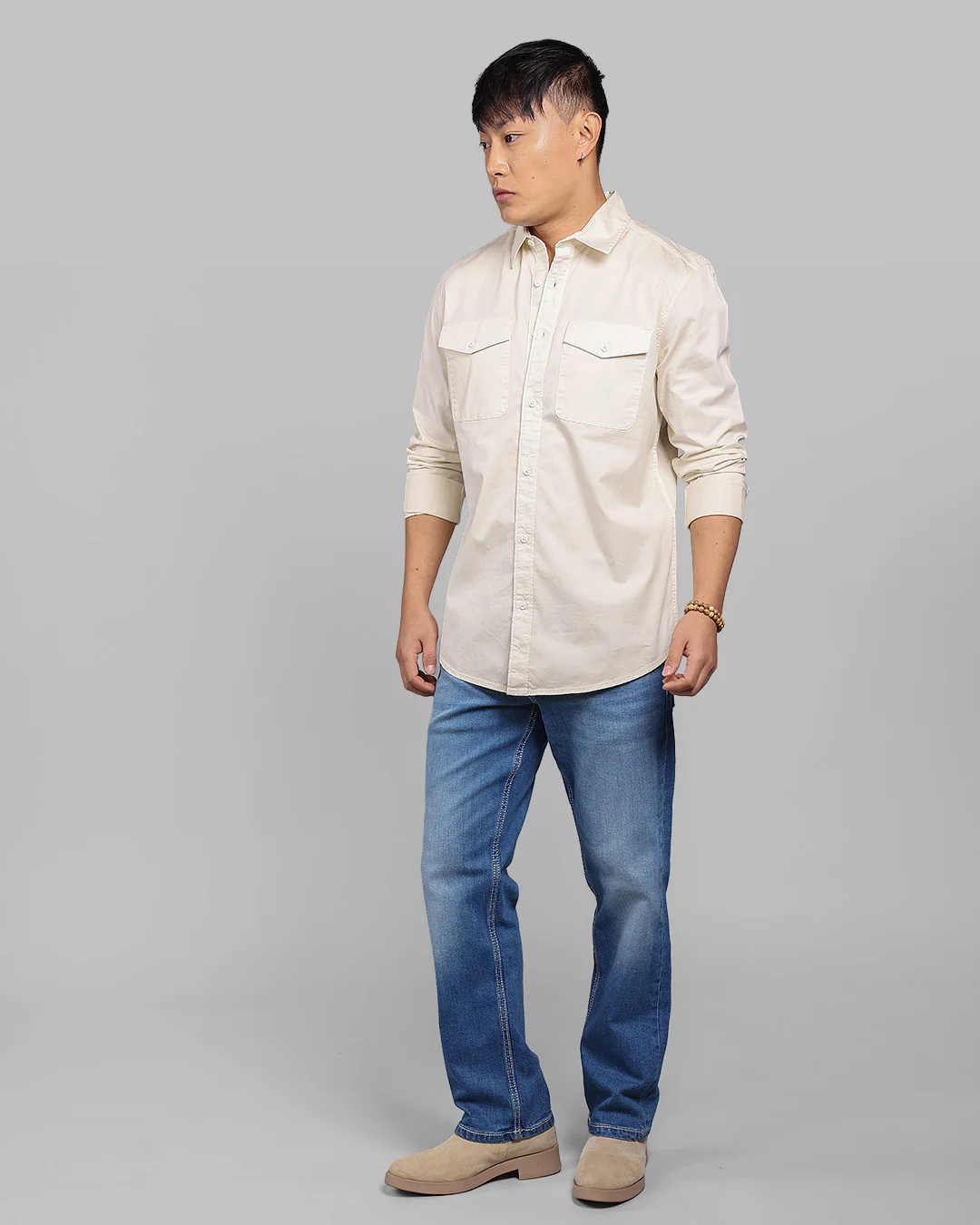 Cream Full Sleeve Stretch Cargo Shirt - Image 3