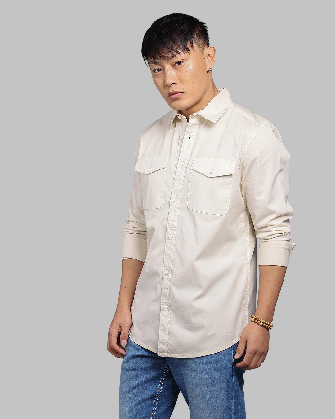 Cream Full Sleeve Stretch Cargo Shirt - Image 4