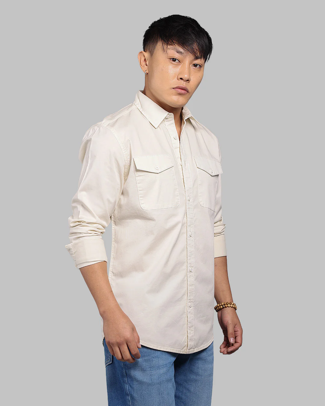 Cream Full Sleeve Stretch Cargo Shirt - Image 5