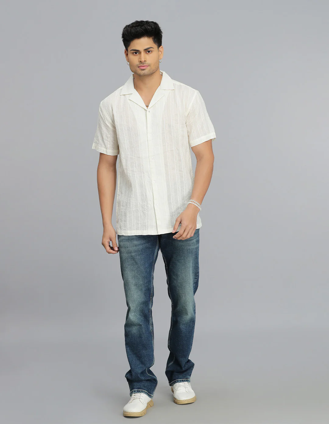 CREAM 100% Cotton Half Sleeve STRIPE SHIRT - Image 4