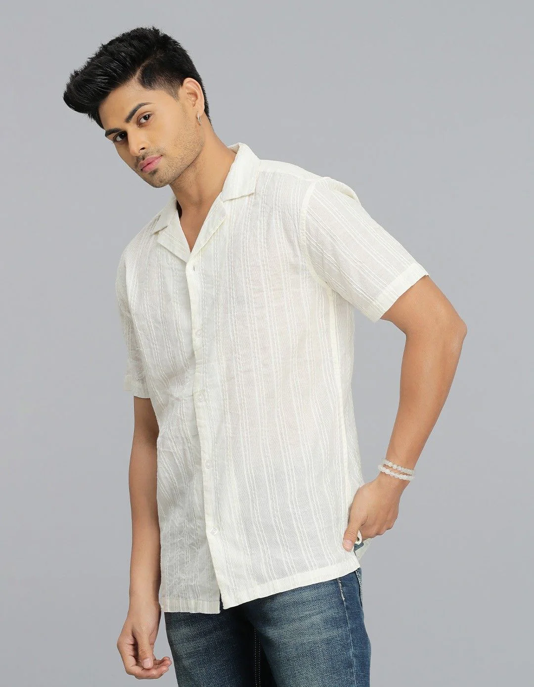CREAM 100% Cotton Half Sleeve STRIPE SHIRT - Image 5