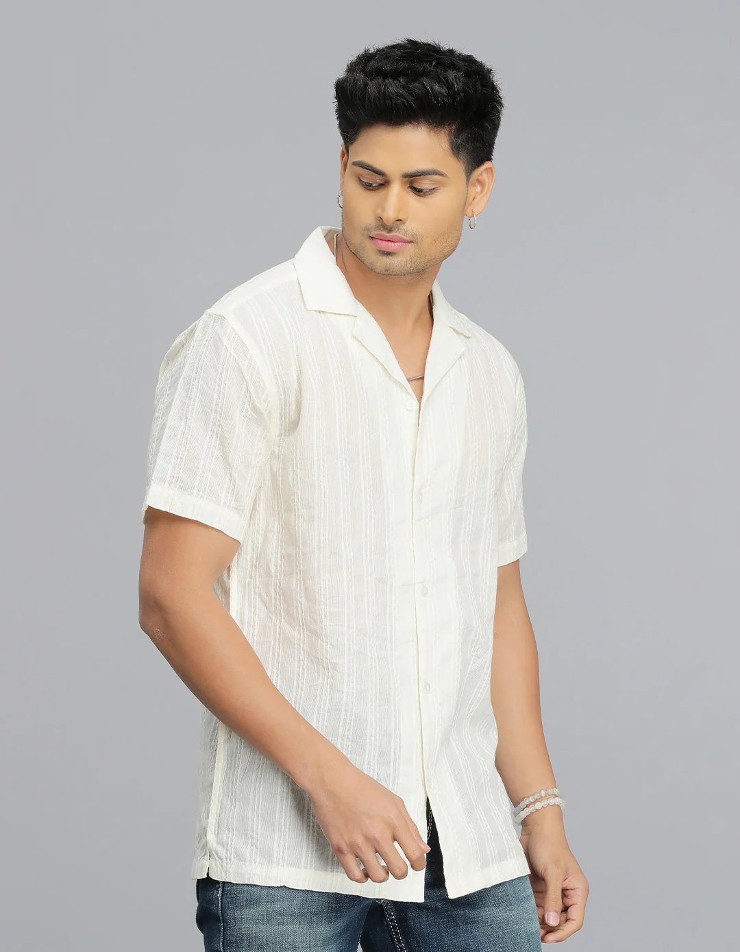 CREAM 100% Cotton Half Sleeve STRIPE SHIRT - Image 6