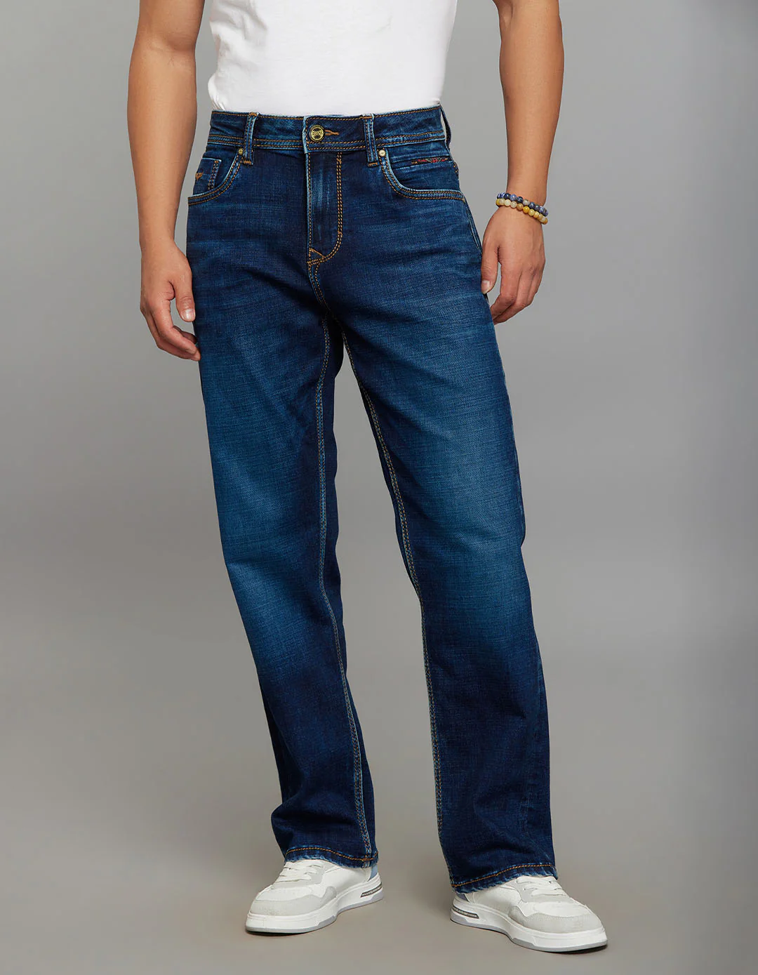 Dark Blue Cropped Mid Rise, Comfort & Straight Fit Stretch Jeans