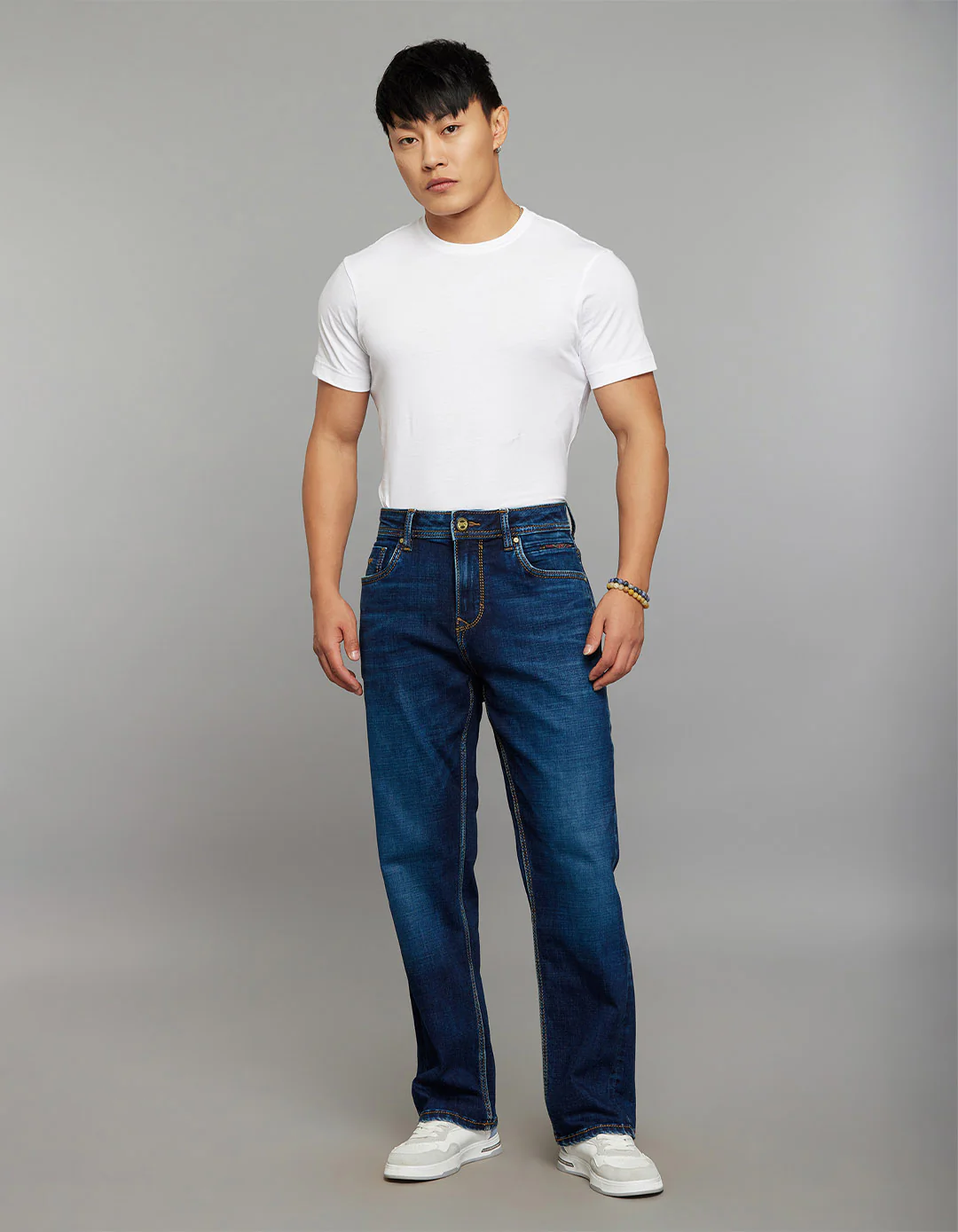 Dark Blue Cropped Mid Rise, Comfort & Straight Fit Stretch Jeans - Image 2