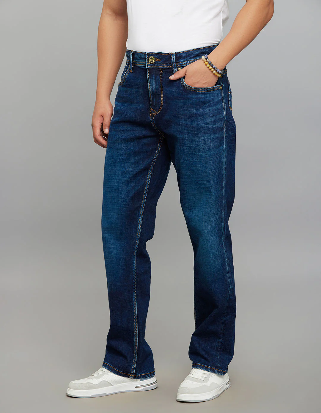 Dark Blue Cropped Mid Rise, Comfort & Straight Fit Stretch Jeans - Image 3