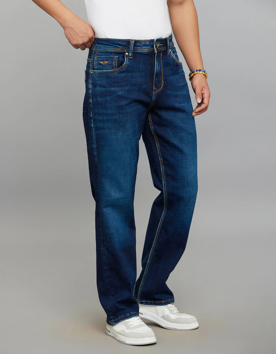 Dark Blue Cropped Mid Rise, Comfort & Straight Fit Stretch Jeans - Image 4