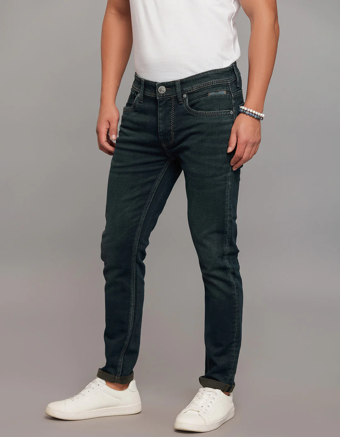 Dark Blue Low-Rise Ankle Length Knit Stretch Jeans - Image 3