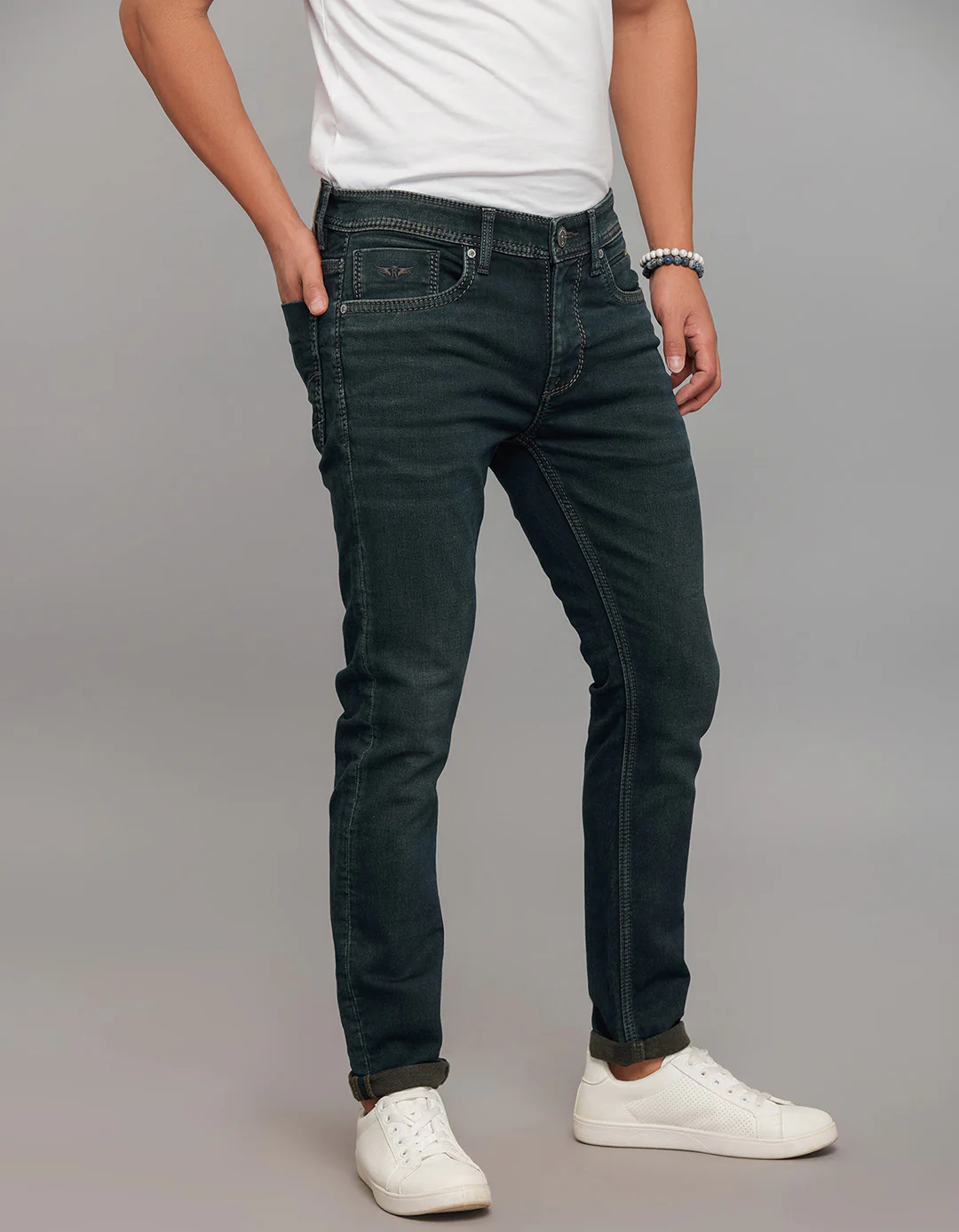 Dark Blue Low-Rise Ankle Length Knit Stretch Jeans - Image 4