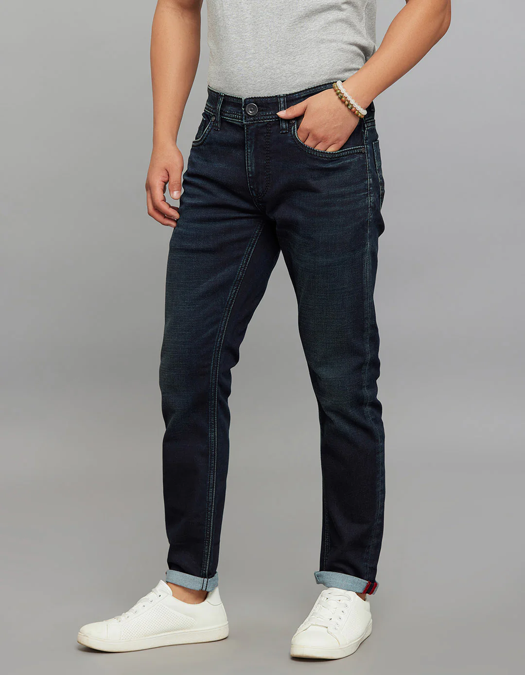Dark Blue Low-Rise Ankle Length Knit Stretch Jeans - Image 3