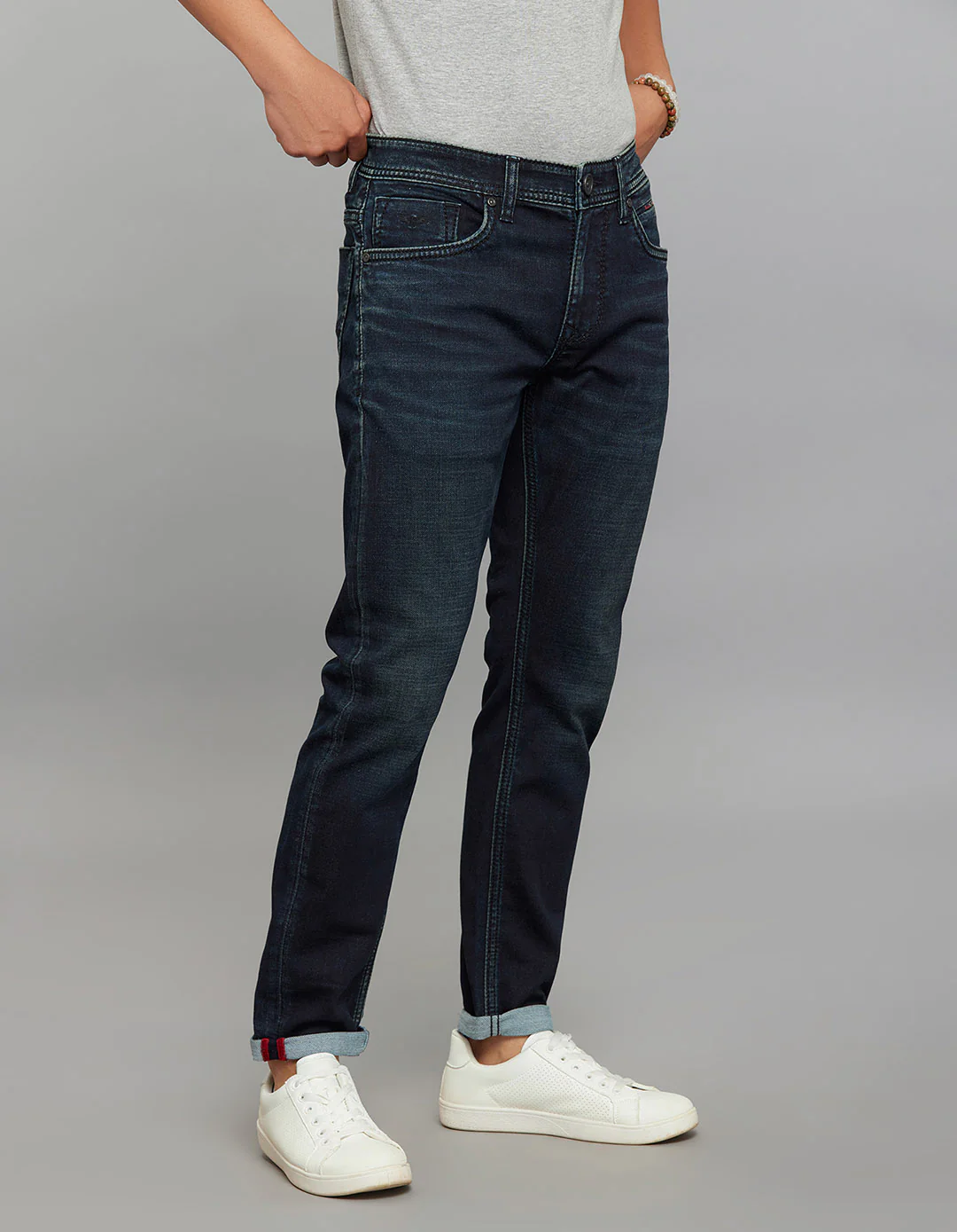 Dark Blue Low-Rise Ankle Length Knit Stretch Jeans - Image 4