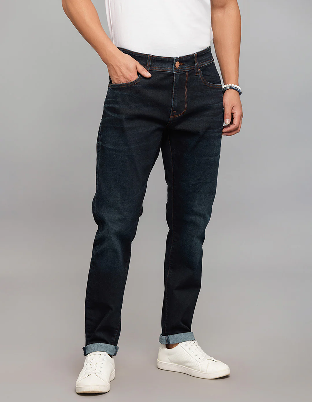 Dark Blue Low-Rise Tapered Ankle Length Classic Stretch Jeans
