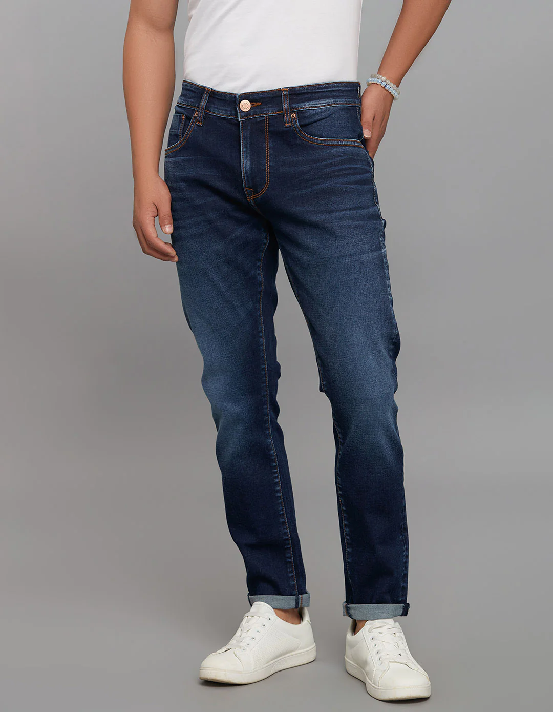 Dark Blue Low-Rise Tapered Ankle Length Classic Stretch Jeans