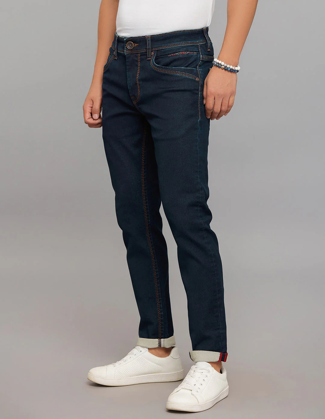 Dark Blue Low-Rise Tapered Ankle Length Knit Denim Jeans - Image 3