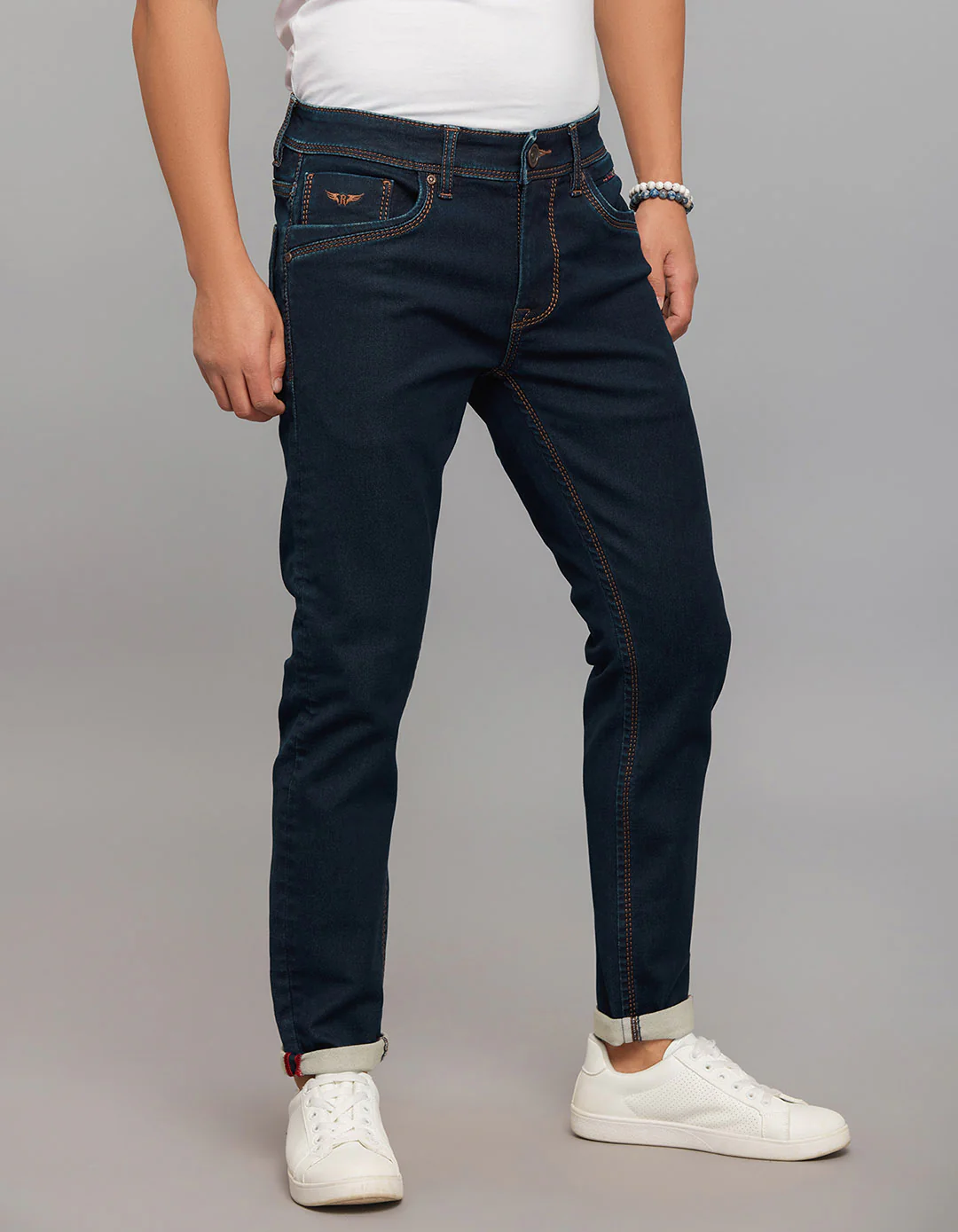 Dark Blue Low-Rise Tapered Ankle Length Knit Denim Jeans - Image 4