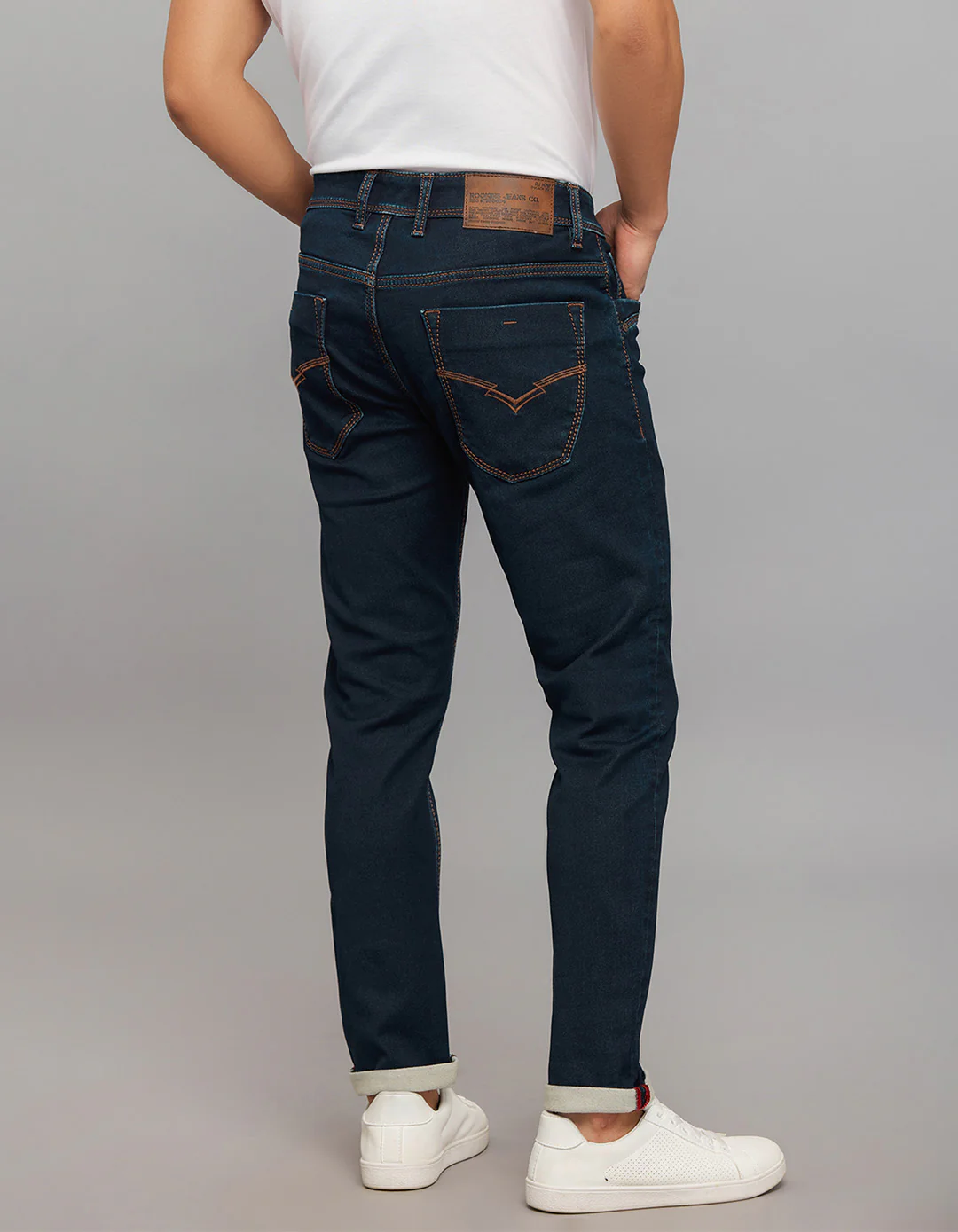 Dark Blue Low-Rise Tapered Ankle Length Knit Denim Jeans - Image 5