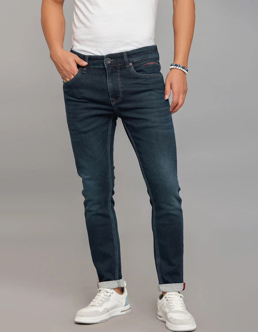 Dark Blue Low-Rise Tapered Ankle Length Stretch Knit Jeans