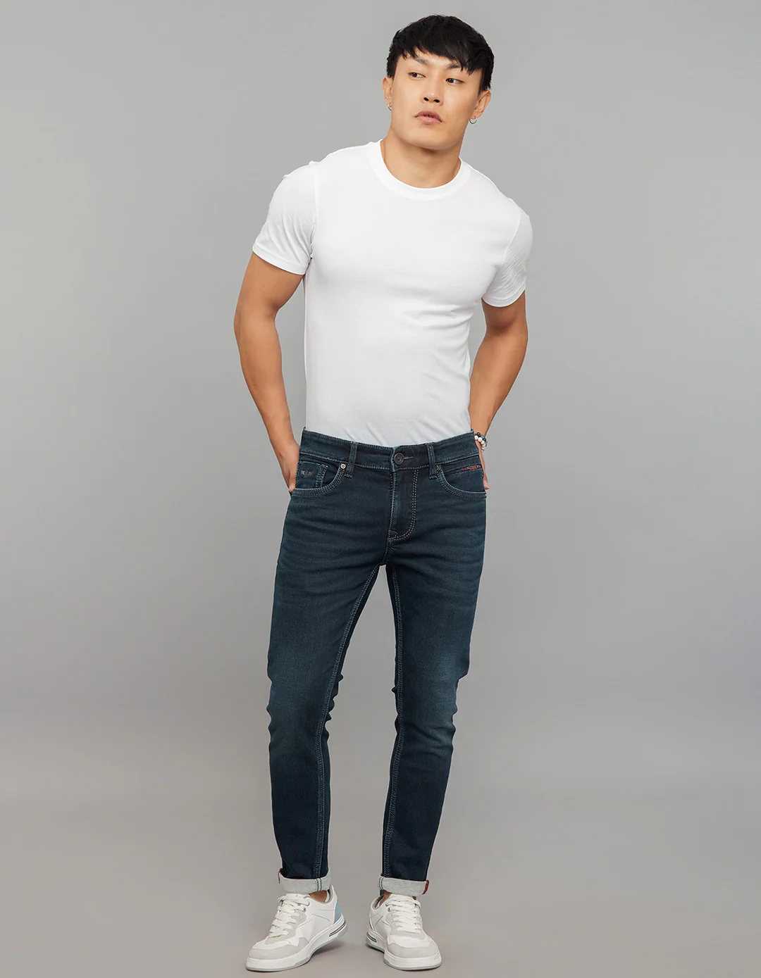 Dark Blue Low-Rise Tapered Ankle Length Stretch Knit Jeans - Image 2