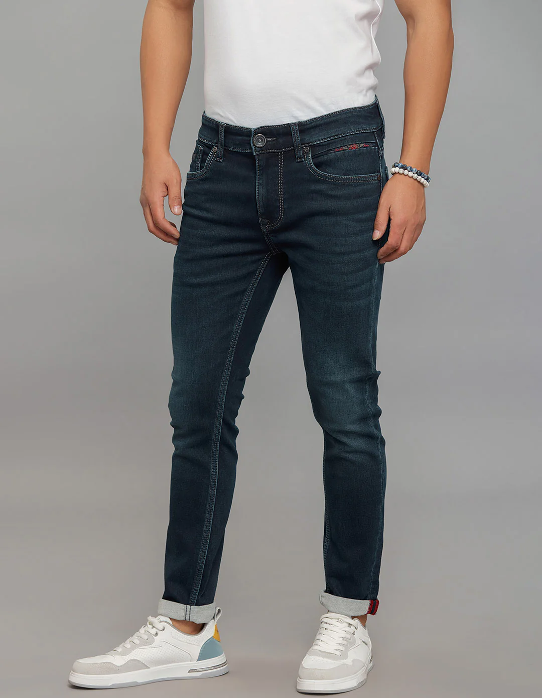 Dark Blue Low-Rise Tapered Ankle Length Stretch Knit Jeans - Image 3