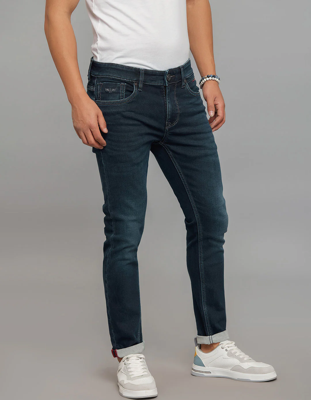 Dark Blue Low-Rise Tapered Ankle Length Stretch Knit Jeans - Image 4